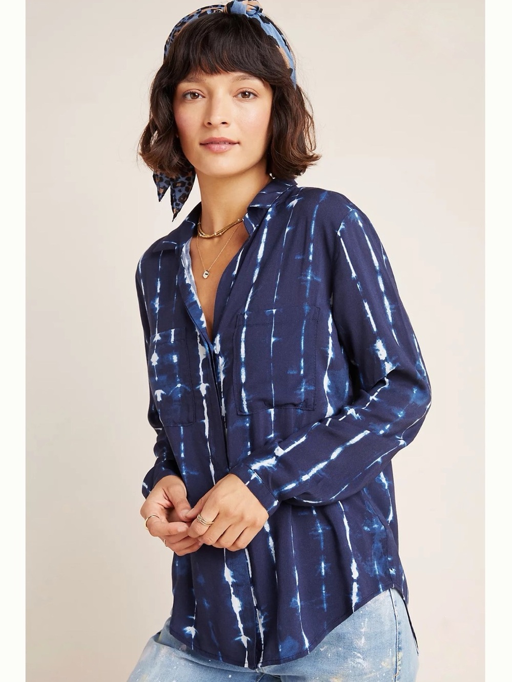 Anthro Cloth & Stone Robyn Tie Dye Blouse Blue Size M